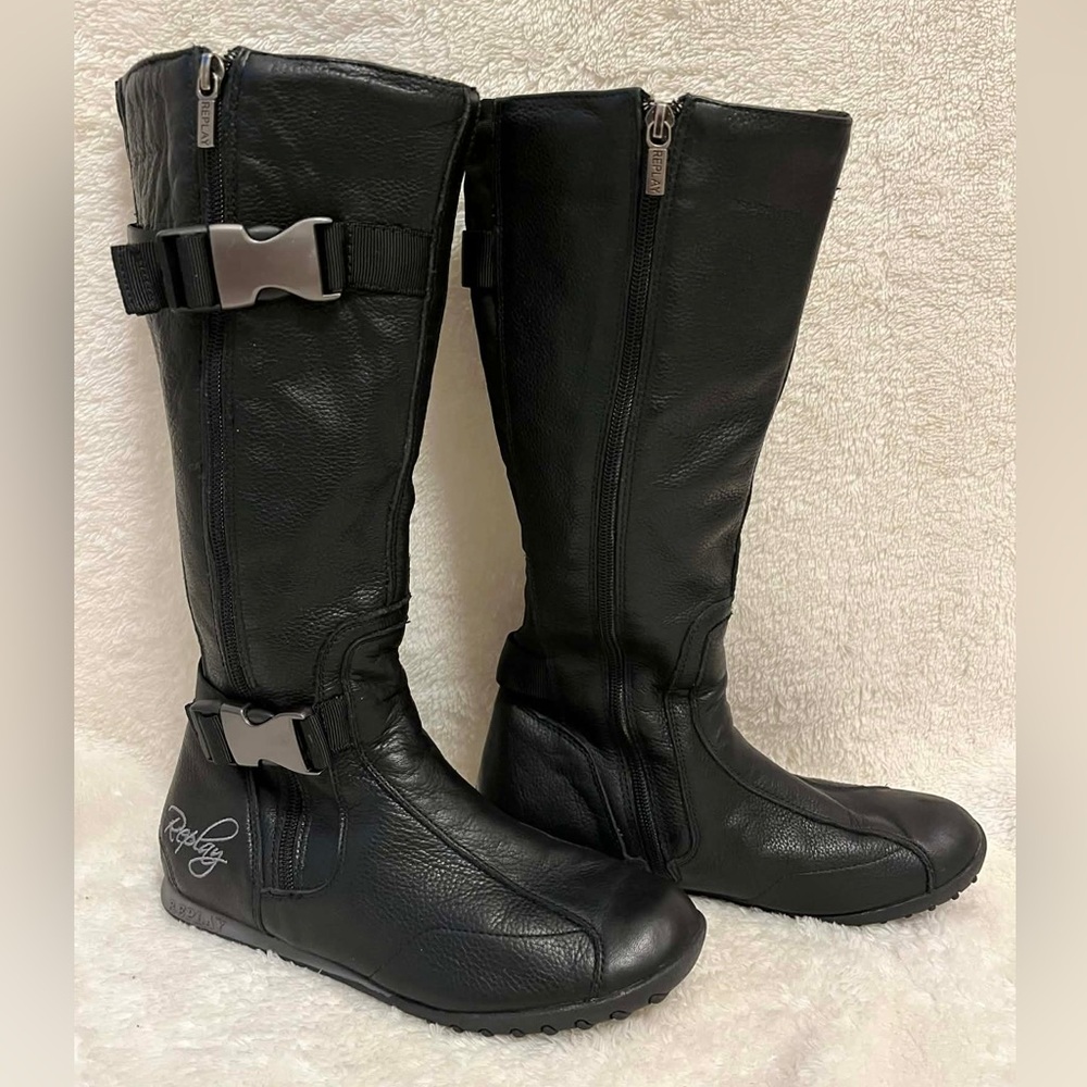 Replay Black Knee High Biker Buckle Strap Genuine Leather Y2K Boots Size 39- 8.5